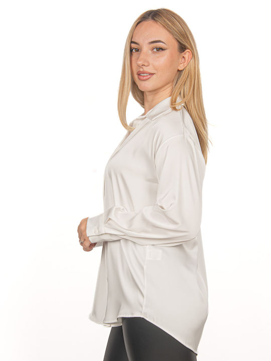 Ellen Langärmelig Damen Satin,σατεν Hemd White