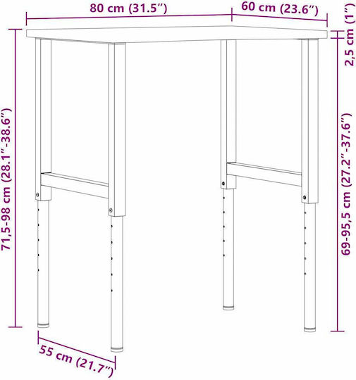 Vidaxl Banc de lucru 80x60x71.5-98 cm Lemn de stejar masiv Maro