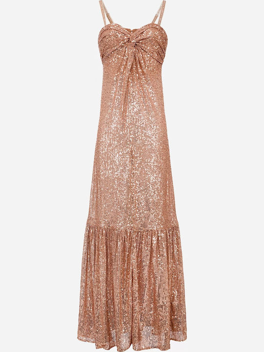 Καλοκαιρινό Maxi Βραδινό Φόρεμα με Βολάν Rose Gold