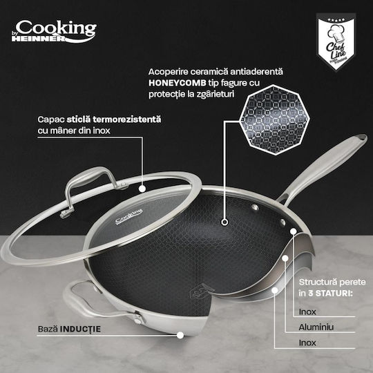 Tigaie Wok din Oțel Inoxidabil + Capac 30x8.5cm Titanium3