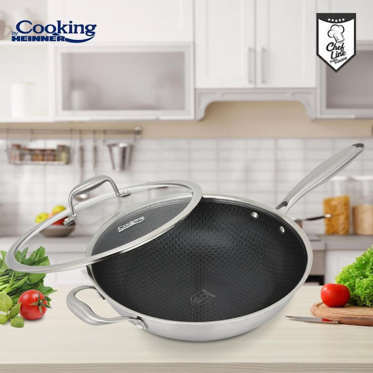 Tigaie Wok din Oțel Inoxidabil + Capac 30x8.5cm Titanium3