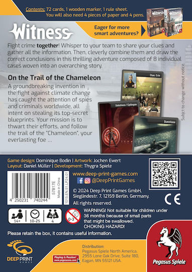Board Game Witness – On The Trail Of The Chameleon for 4 Players 10+ Years Old (EN) Pegasus Spiele