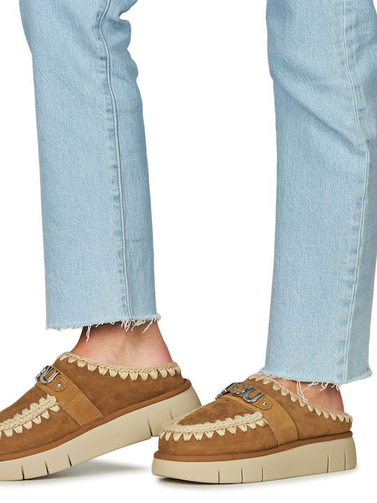 Mou Bounce Closed-Toe Slippers with Fur Brown