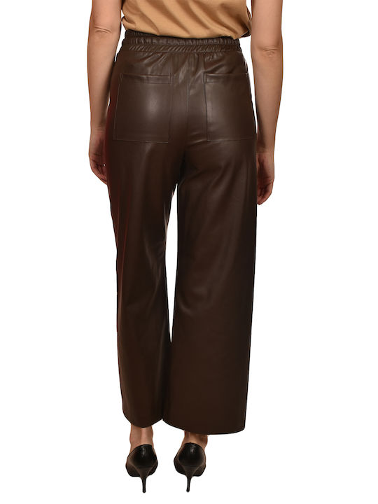 Milla Women's Leather Trousers in Wide Line Brown