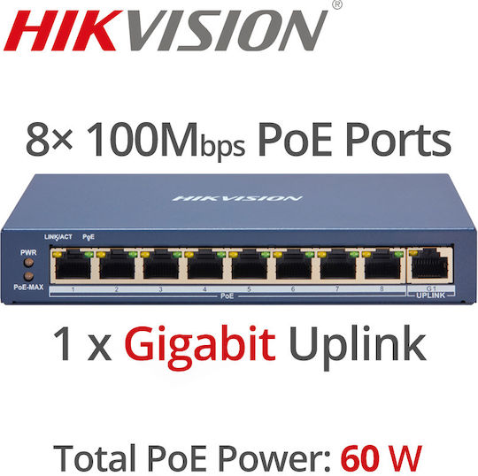 Hikvision DS-3E1309P-EI/M Unmanaged L2 PoE+ Switch με 8 Θύρες Ethernet