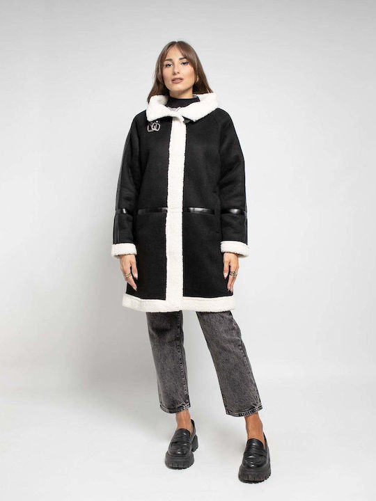 Sherpa Women's black Coat Oversized with Zipper