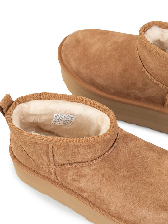 Classic Ultra Mini Platform Suede Women's Ankle Boots with Fur Chestnut