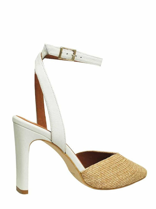 Leder Pumps mit Riemchen & hoher Absatz Beige