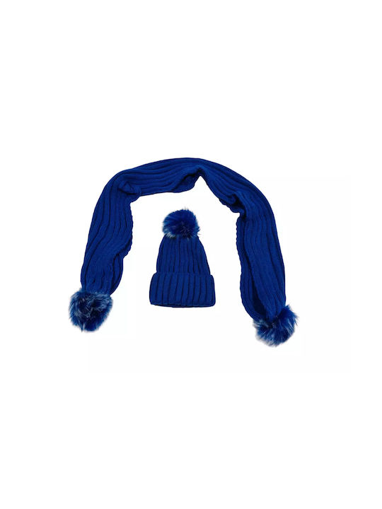 Pugi Kids Beanies Set with Scarf Knitted Blue