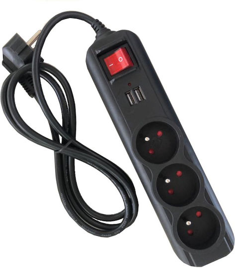Kraft & Dele Πολύπριζο 3 Θέσεων με USB-A, Διακόπτη και Καλώδιο 3m