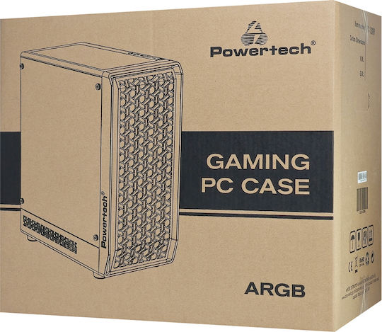 Powertech PT-1309 Gaming Midi-Turm Computergehäuse mit Seitenfenster und RGB-Beleuchtung Schwarz