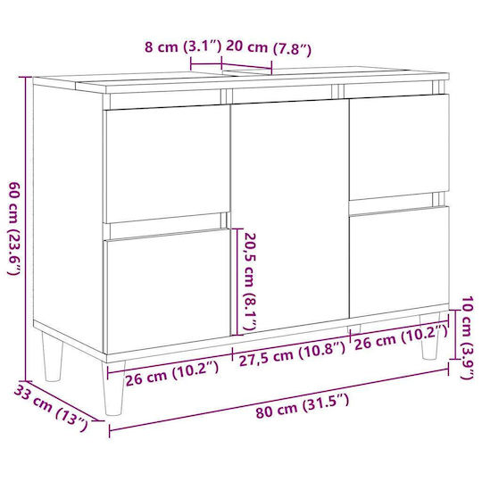vidaXL Waschtisch ohne Waschbecken L80xB33xH60cm Oaks