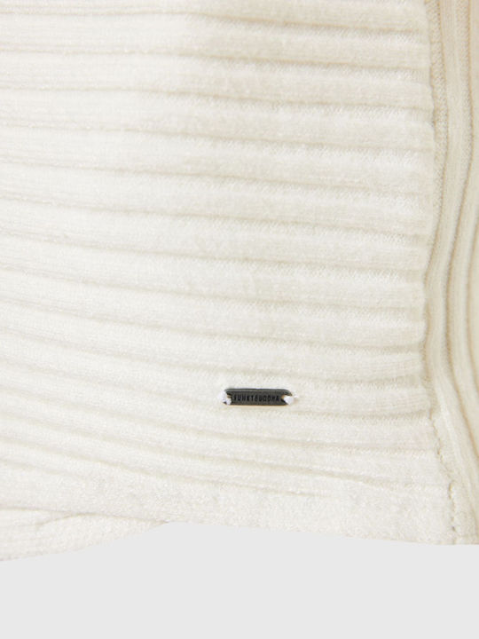 Women's Long Sleeve Crop Sweater with V Neckline Off White