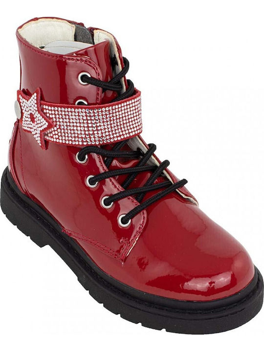 Vernice Leather Kids Boots with Laces Red