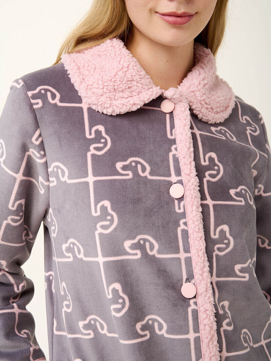 Vamp Χειμερινή Γυναικεία Fleece Ρόμπα Gray Thunder