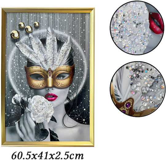 Tablou cu Ramă Aurie Design Femeie Mascată Pietre Reliefate Tip Diamant 60.5x41x2.5cm