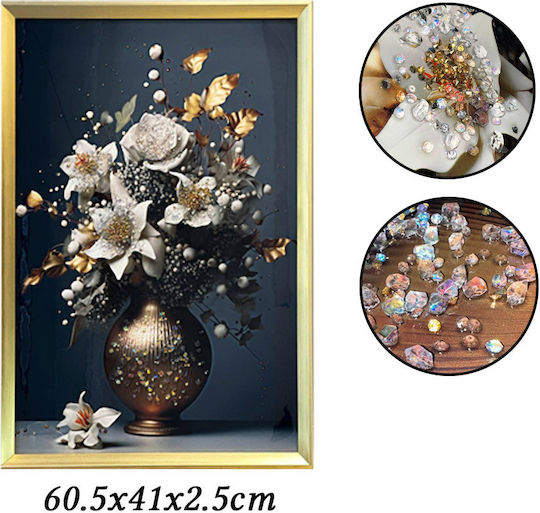 Tablou cu Ramă Aurie Design Flori Vază Pietre Reliefate Tip Diamant 60.5x41x2.5cm