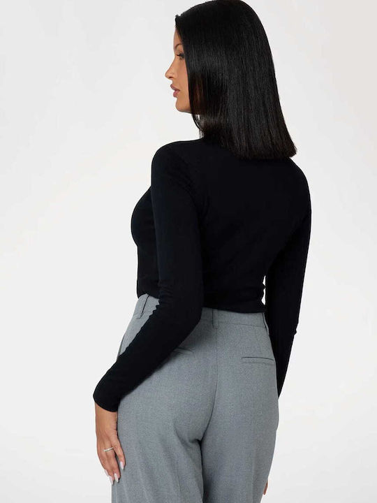 Bluza Damă Pulover Mânecă Lungă Cu Guler Înalt Negru