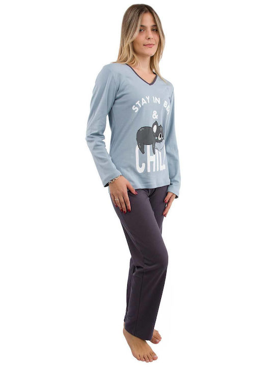 Happy Family Winter Women's Pyjama Set Cotton Sky blue, Light blue