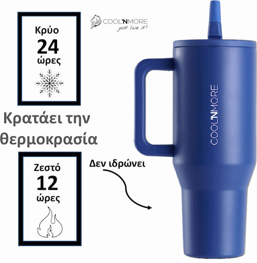 Cool'NMore Traveller Handled Tumbler Thermos Stainless Steel BPA Free 1lt Navy Blue with Straw and Handle 6523348