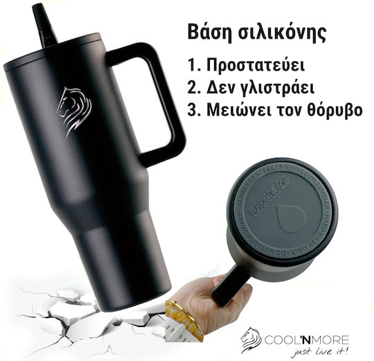 Cool'NMore Traveller Tumbler Handled Tumbler Thermos Stainless Steel BPA Free 1lt Obsidian Black with Straw and Handle