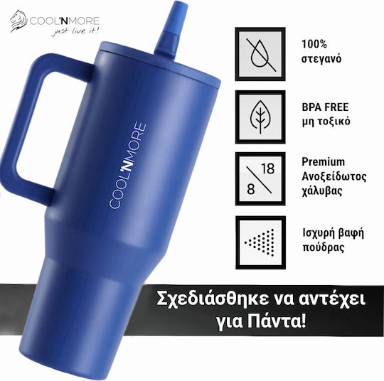 Cool'NMore Traveller Handled Tumbler Thermos Stainless Steel BPA Free 1lt Navy Blue with Straw and Handle 6523348