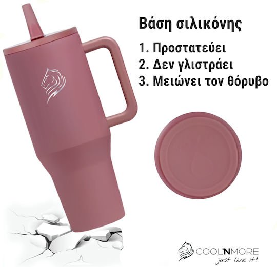Cool'NMore Traveller Tumbler Handled Tumbler Thermos Stainless Steel BPA Free 1lt Smoke Pink with Straw and Handle 6523362