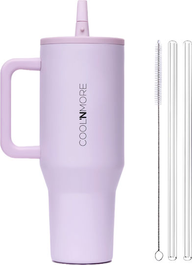 Cool'NMore Traveller Tumbler Handled Tumbler Thermos Stainless Steel BPA Free 1lt Iris Purple with Straw and Handle