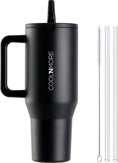 Cool'NMore Traveller Tumbler Handled Tumbler Thermos Stainless Steel BPA Free 1lt Obsidian Black with Straw and Handle