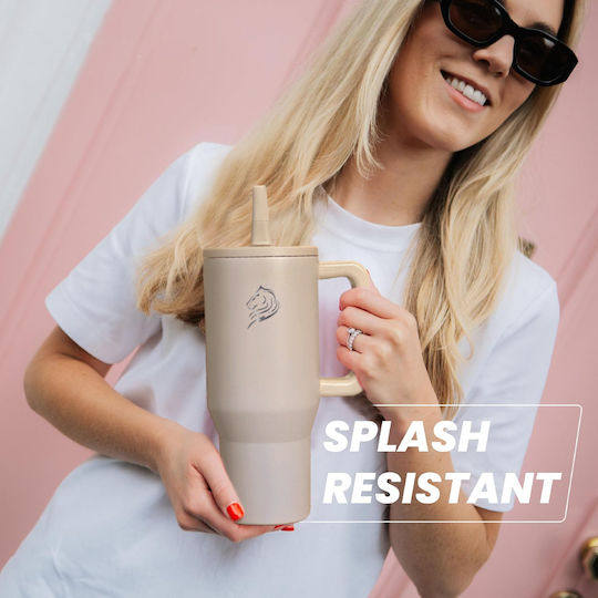 Cool'NMore Traveller Tumbler Handled Tumbler Thermos Stainless Steel BPA Free 1lt Tan Beige with Straw and Handle