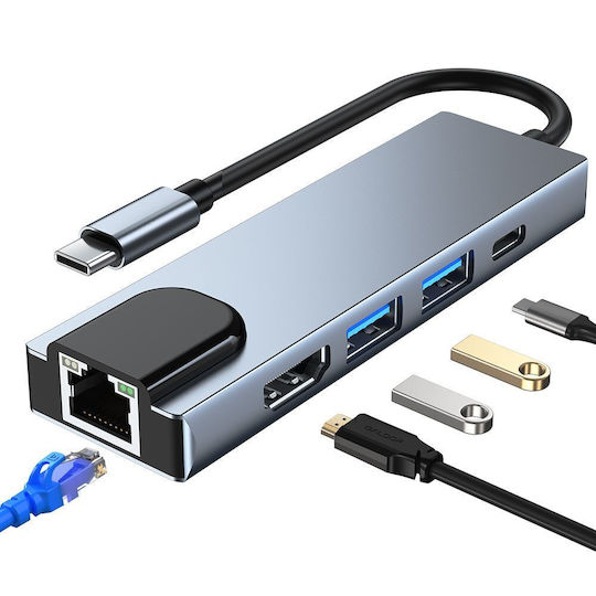 Tech-Protect V3 5in1 USB-C Докинг станция с HDMI 4K PD Етърнет и свързване 4 монитора Сив