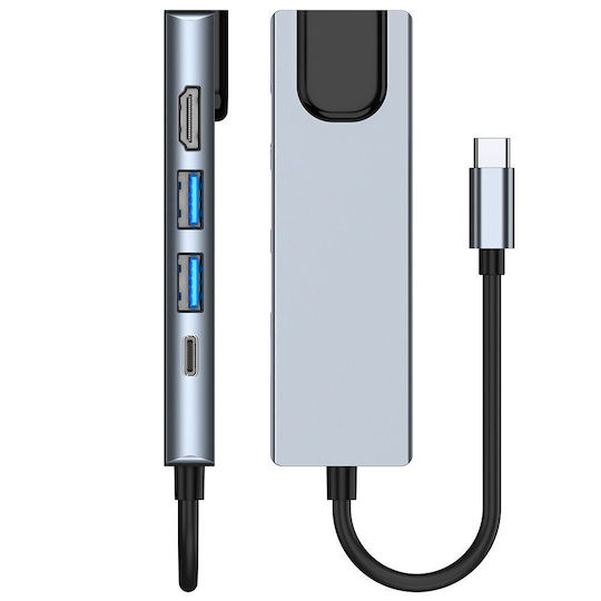 Tech-Protect V3 5in1 USB-C Докинг станция с HDMI 4K PD Етърнет и свързване 4 монитора Сив