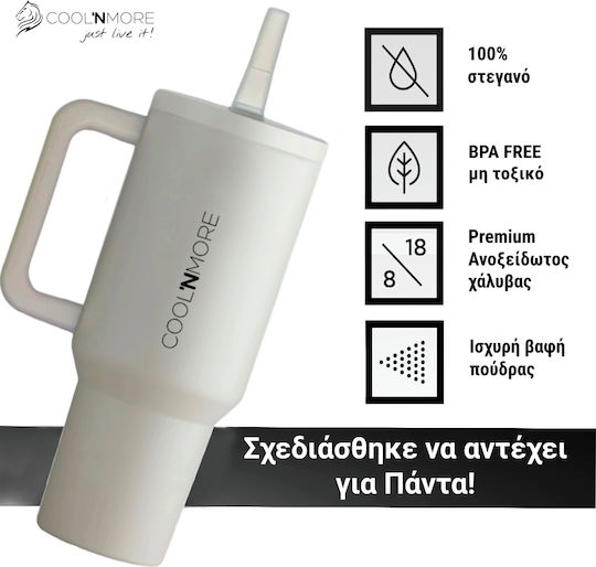 Cool'NMore Traveller Tumbler Handled Tumbler Thermos Stainless Steel BPA Free 1lt Cream with Straw and Handle