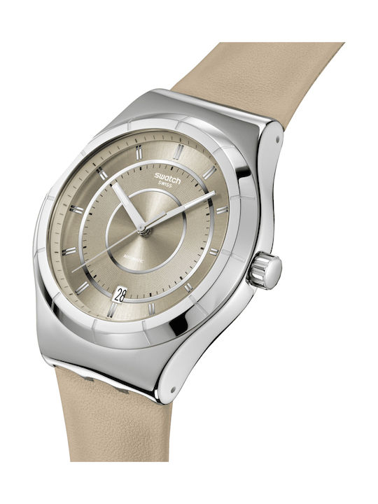 Swatch Swatch Γυναικείο Ρολόι Αυτόματο με Μπεζ Δερμάτινο Λουράκι