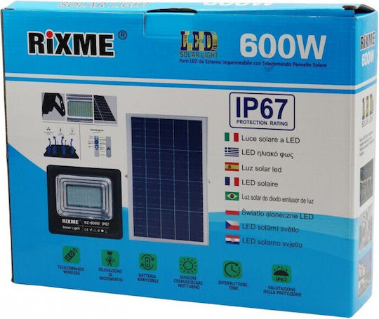 Rixme Στεγανός Ηλιακός Προβολέας LED 600W Ψυχρό Λευκό 6000K με Τηλεχειριστήριο IP66