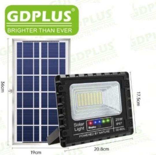 GDPLUS Στεγανός Ηλιακός Προβολέας LED 25W Ψυχρό Λευκό 6500K με Αισθητήρα Κίνησης και Τηλεχειριστήριο IP67