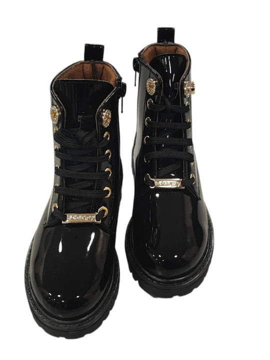 Kinderstiefel aus Lackleder mit Schnürsenkeln Schwarz