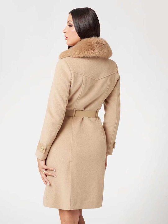 Guess Women's Leather Long Coat with Belt beige