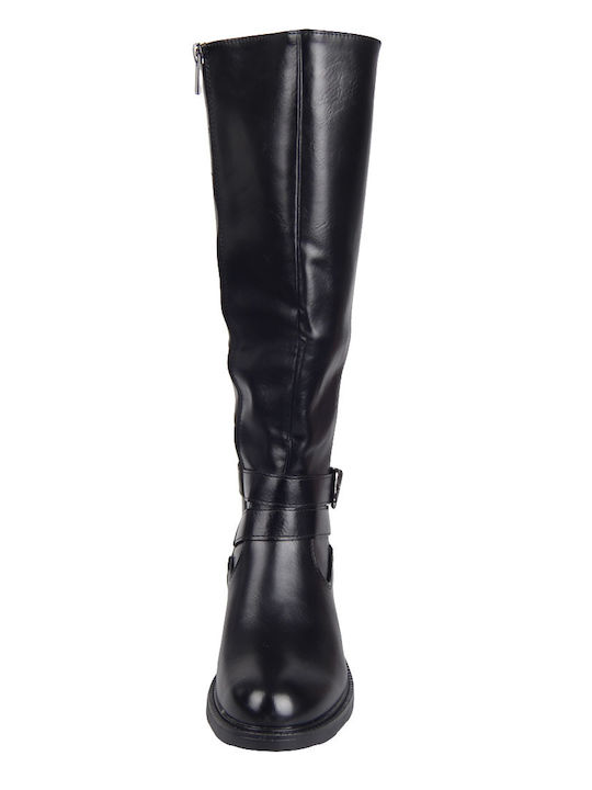 Synthetic Leather Riding Boots with Zipper Black