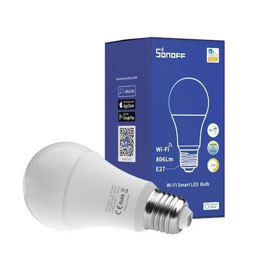 Sonoff Smart Lampe LED 9W für Fassung E27 und Form A60 Warmes Weiß 806lm Dimmbar