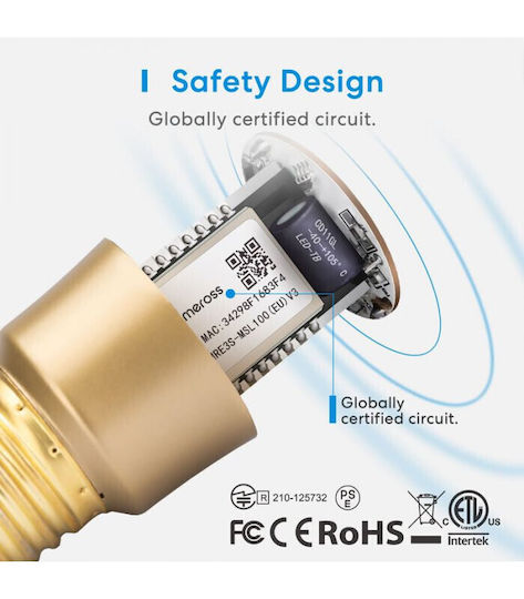 Meross Смарт крушка LED 6W за фасунга E27 и форма A19 Регулируем бял цвят 806лм Димируем