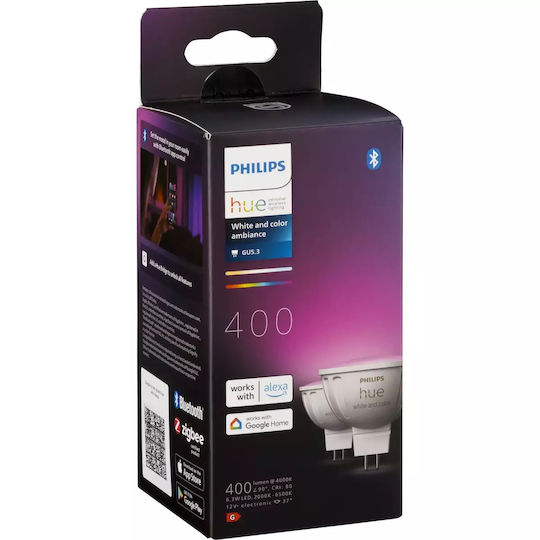 Philips Smart Bulbs LED 6.3W for Socket GU5.3 and Shape MR16 RGBW 400lm Dimmable 2pcs