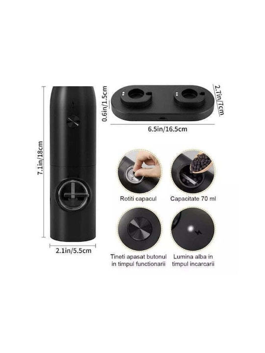 Set de 2 râșnițe electrice pentru condimente, încărcare USB, lumină LED, negru