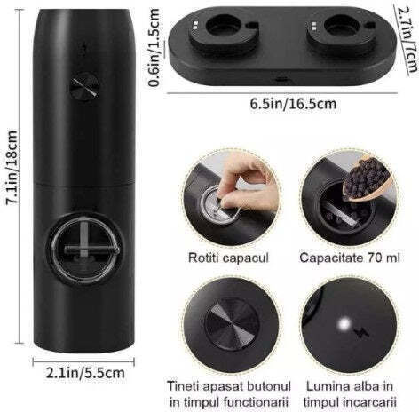 Set de 2 râșnițe electrice pentru condimente, încărcare USB, lumină LED, negru