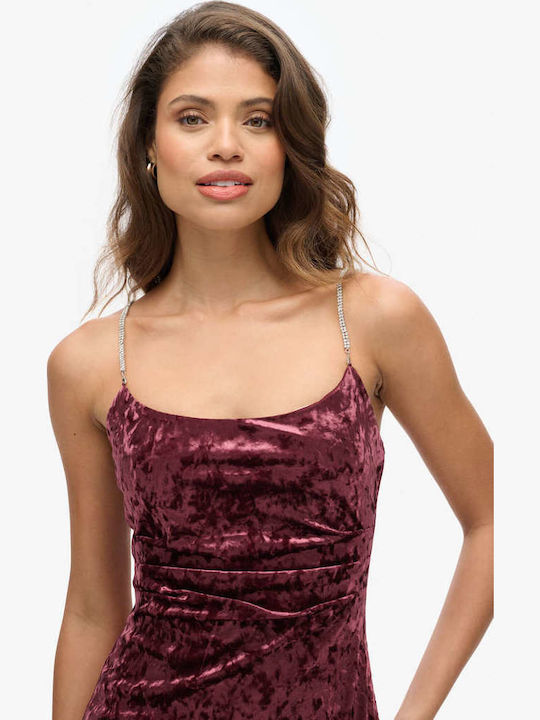 Diamonte Velvet Maxi Midi Evening Dress Velvet Burgundy
