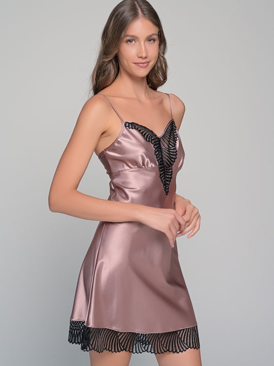 Milena by Paris Χειμερινό Σατέν Γυναικείο Νυχτικό με String Μόκκα-μαύρο - Καφέ