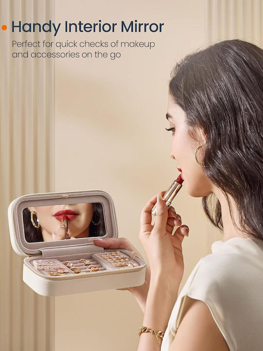 Portable Jewelry Box Mirror Zipper 10.5 X 20.5 X 6 cm Beige Jbc180w01 Songmics