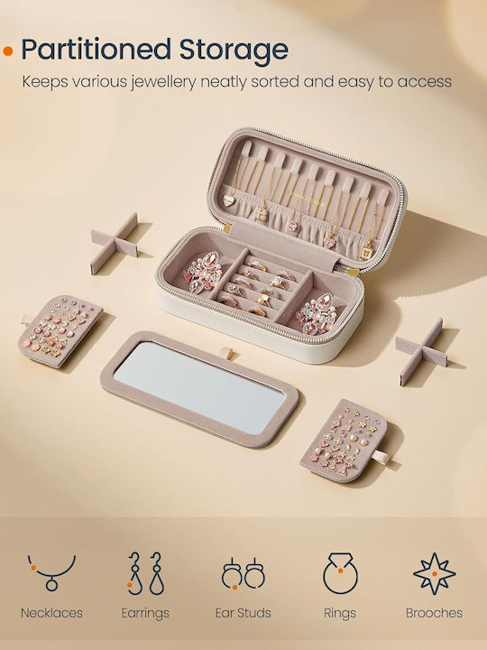 Portable Jewelry Box Mirror Zipper 10.5 X 20.5 X 6 cm Beige Jbc180w01 Songmics