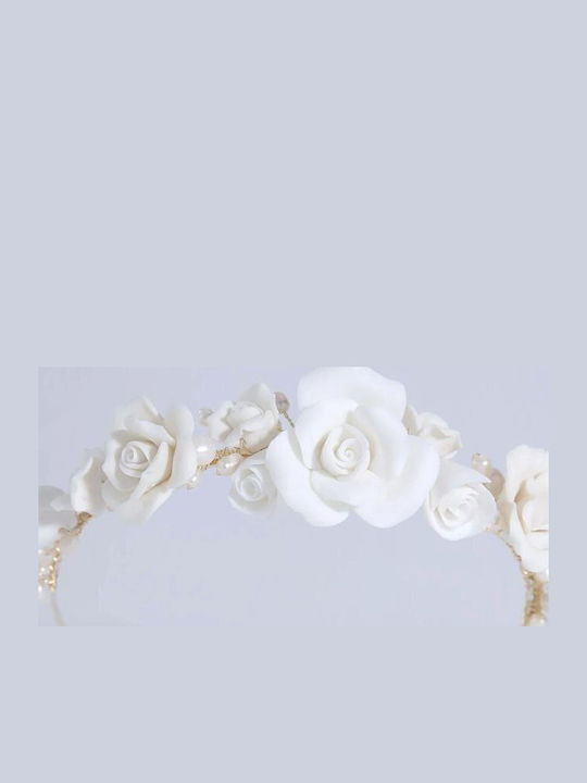Bridal Headband Ceramic White Flower Petals White Pearls Azalia