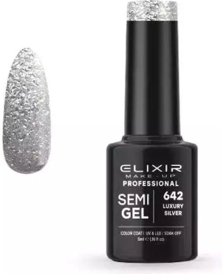 Elixir Semi Gel Хибриден Лак за Нокти Luxury Silver 642 с Glitter 5мл 1бр